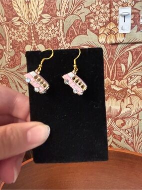 New VW Bus Gold-Tone Pink Rhinestone Drop Earrings